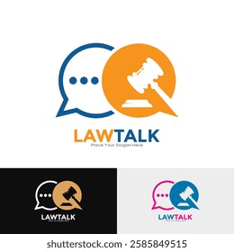 Hammer of law chat logo design vector. Suitable for business, law firm, attorney, education and social media