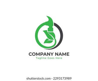 Hammer Leaf Logo Concept sign icon symbol Design Element. Construction Building, House, Home Repair Logotype. Vector illustration template