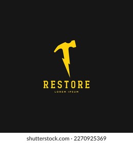 Hammer with lightning logo. Minimal flat vector icon illustration