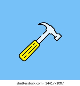 Hammer line icon. Hardware tool symbol with yellow handle isolated on blue background. Vector illustration.