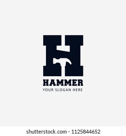 Hammer Logo Minimalist Logotype with Negative Space and Hammer Illustration Graphic Template