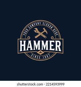 Hammer logo with woodwork carpenter and axe vintage logo with illustration design