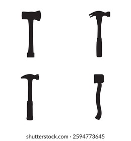 Hammer Mallet Silhouettes Vector Set for Construction and Carpentry. A clean black silhouette collection featuring various hammers and mallets perfect for repair woodworking and industrial designs.