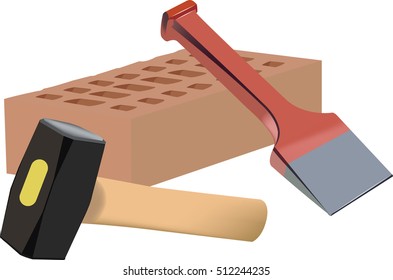 hammer mallet with terracotta brick and red chisel