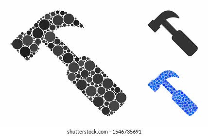 Hammer mosaic of circle elements in different sizes and color tones, based on hammer icon. Vector circle elements are organized into blue mosaic. Dotted hammer icon in usual and blue versions.