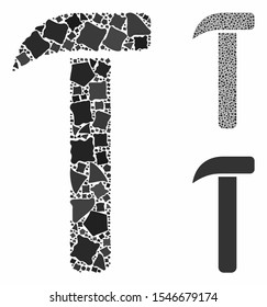 Hammer mosaic of uneven elements in different sizes and shades, based on hammer icon. Vector joggly pieces are organized into collage. Hammer icons collage with dotted pattern.