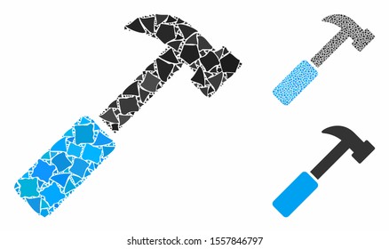 Hammer mosaic of uneven items in different sizes and color tones, based on hammer icon. Vector uneven items are organized into collage. Hammer icons collage with dotted pattern.