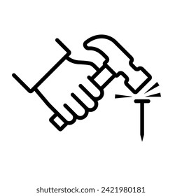 Hammer a nail black line icon. Holding in hand hammer. Construction and repair. Human repairman with working tools. Vector illustration flat design. Isolated on background.