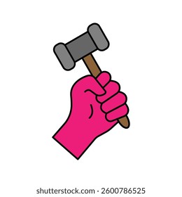 Hammer a nail black line icon. Holding in hand hammer. Construction and repair. Human repairman with working tools. Vector illustration flat design. Isolated on background.