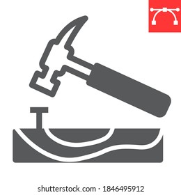 Hammer with nail glyph icon, construction and industry, hammer sign vector graphics, editable stroke solid icon, eps 10