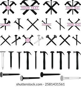 Hammer and Nail Monogram Designs, Nails SVG'' Bundle, Carpenter Nail, Construction, Building Worker