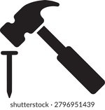 Hammer and nail silhouette construction work tool icon set.