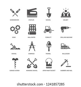 Hammer and Nail, Wallpaper, Screwdriver, Stapler, Bulldozer, Trowel, Compass, Open Paint Bucket icon 16 set EPS 10 vector format. Icons optimized for both large small resolutions.