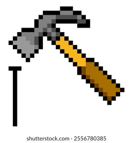 Hammer nail work tool in pixel art style
