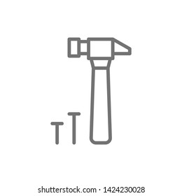 Hammer and nails, building tools line icon.