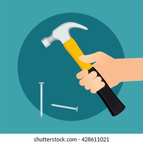 Hammer and nails. Carpenter hammer isolated icon. Worker using hammer and nails. Vector flat illustration