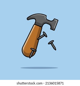 Hammer And Nails Cartoon Vector Icon Illustration. Handyman Tools Icon Concept Isolated Premium Vector. Flat Cartoon Style