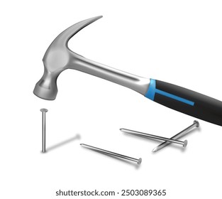 Hammer and nails in different positions on a white background. Vector illustration.