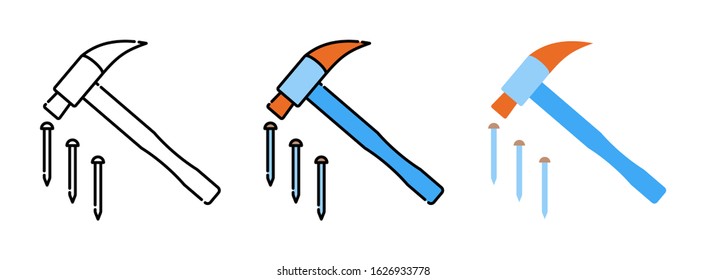 Hammer and nails icon set isolated on white background for web design 