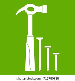 Hammer and nails icon white isolated on green background. Vector illustration