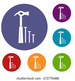 Hammer and nails icons set in flat circle reb, blue and green color for web