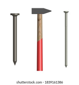 Hammer and nails isolated on white background. Elements design of the working tool and fasteners. Front view, vector illustration.