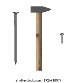 Hammer and nails isolated on white background. Elements design of the working tool and fasteners. Front view, vector illustration.