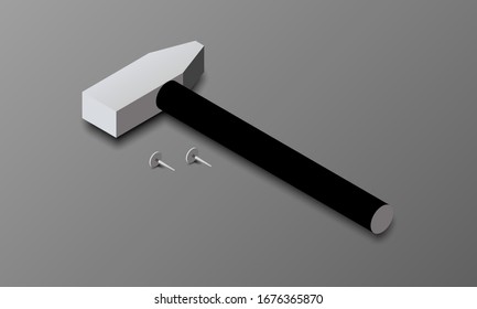 Hammer and nails isometric vector illustration.
