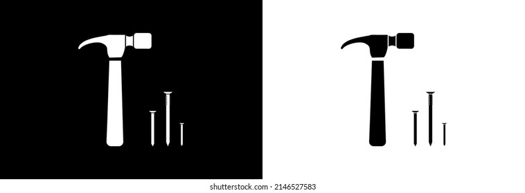 Hammer and nails on a black and white background. Vector icon.