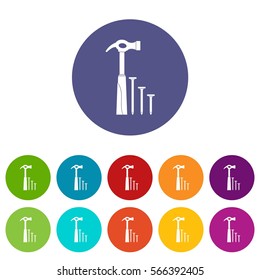 Hammer and nails set icons in different colors isolated on white background