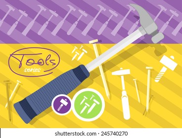 Hammer and nails, hammer, tool. Tools series. Flat icon modern design style concept 
