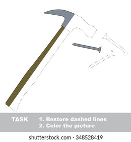 Hammer and nails in vector colorful to be traced. Restore dashed line and color the picture. Worksheet to be colored.