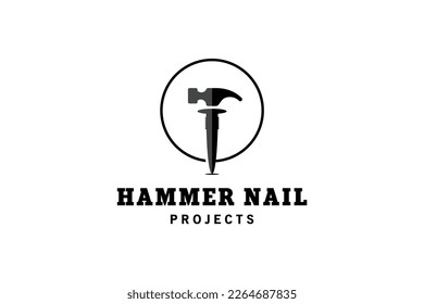 Hammer and nails vector logo design with silhouette in circle