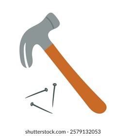 Hammer and nails. Working tools for hammering boards. Vector illustration of working tools for repair. Carpenter nails icon.