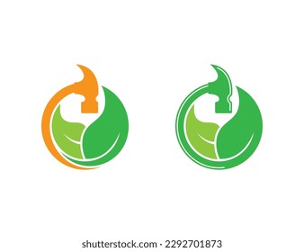 Hammer with Nature Leaf Logo Concept symbol sign icon Design Element. Construction Building, House, Home Repair Logotype. Vector illustration template