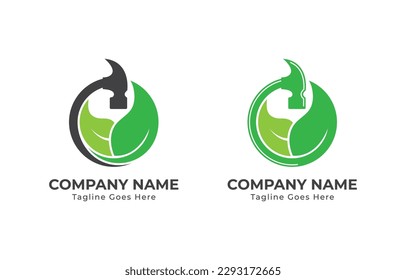 Hammer with Nature Leaf Logo Concept symbol sign icon Design Element. Construction Building, House, Home Repair Logotype. Vector illustration template