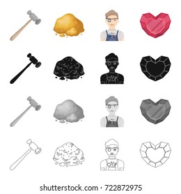 A hammer, a nugget of gold, a jeweler, a ruby heart. Precious mineral set collection icons in cartoon black monochrome outline style vector symbol stock illustration web.