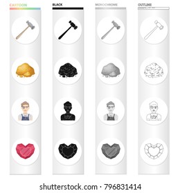 A hammer, a nugget of gold, a jeweler, a ruby heart. Precious mineral set collection icons in cartoon black monochrome outline style vector symbol stock illustration web.