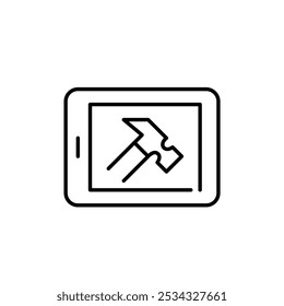 Hammer on tablet. Hands-on device repair. Easy access to tools for tech maintenance. Pixel perfect vector icon