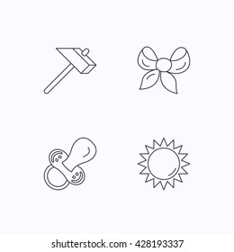 Hammer, pacifier and sun icons. Bow-knot linear sign. Flat linear icons on white background. Vector