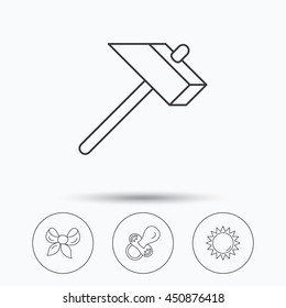 Hammer, pacifier and sun icons. Bow-knot linear sign. Linear icons in circle buttons. Flat web symbols. Vector