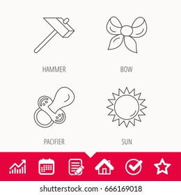 Hammer, pacifier and sun icons. Bow-knot linear sign. Edit document, Calendar and Graph chart signs. Star, Check and House web icons. Vector