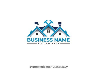 Hammer And Paint Brush  With Home For Repair Service. Handyman Remodeling Roofing Logo