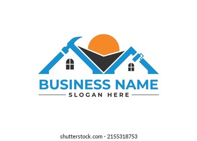 hammer paintbrush with home and sun for home repair service logo