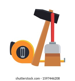 hammer with paitn brush and meter tape over white background, vector illustration