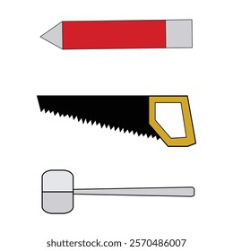 Hammer, Pencil, Hand Saw vector art illustration.