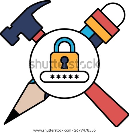 A hammer, a pencil, and a key are shown in a circle with a lock. The lock is surrounded by a password. Concept of security and protection