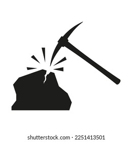 Hammer pick and cracked stone vector icon black silhouette. The concept of mining.