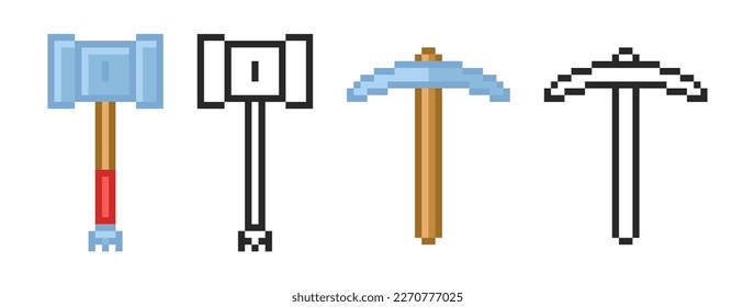 Hammer und Pickaxe Symbol im Pixelstil. Set von pixeligen Retro-Symbolen.