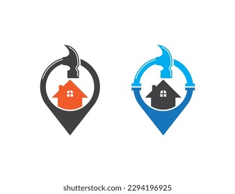 Hammer with Pin Map Location Home Logo Concept icon sign symbol Design Element. Plumbing Service, House, Home Repair, Plumber, Construction Building Logotype. Vector illustration template